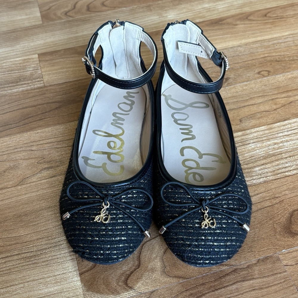 Sam Edelman Black and‎ Gold Ankle Strap Flats Girls size 2